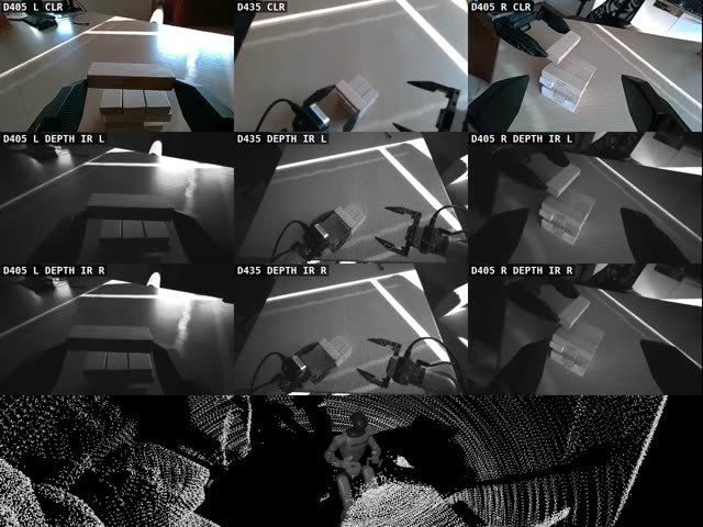 Jenga: a jenga tower, nine camera streams above the LiDAR point cloud