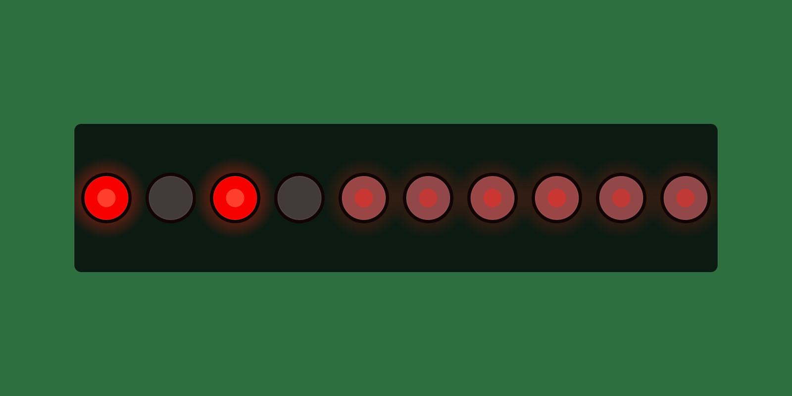 One camera frame of the ten LEDs: the top two bits read cleanly lit and the next two cleanly dark, while the six below them all sit at a middle red that cannot be called on or off